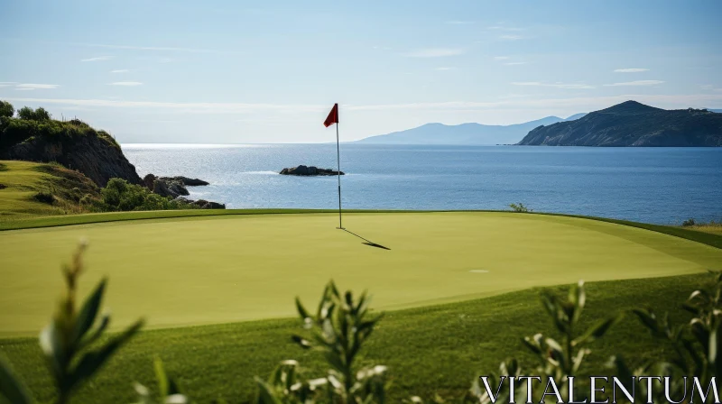 AI ART Scenic Golf Course with Red Flag and Ocean View