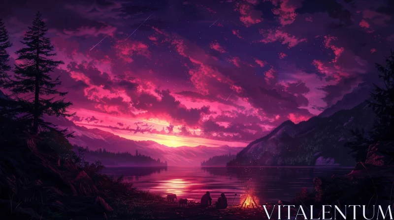 Tranquil Lake and Mountain Sunset Scene AI Image