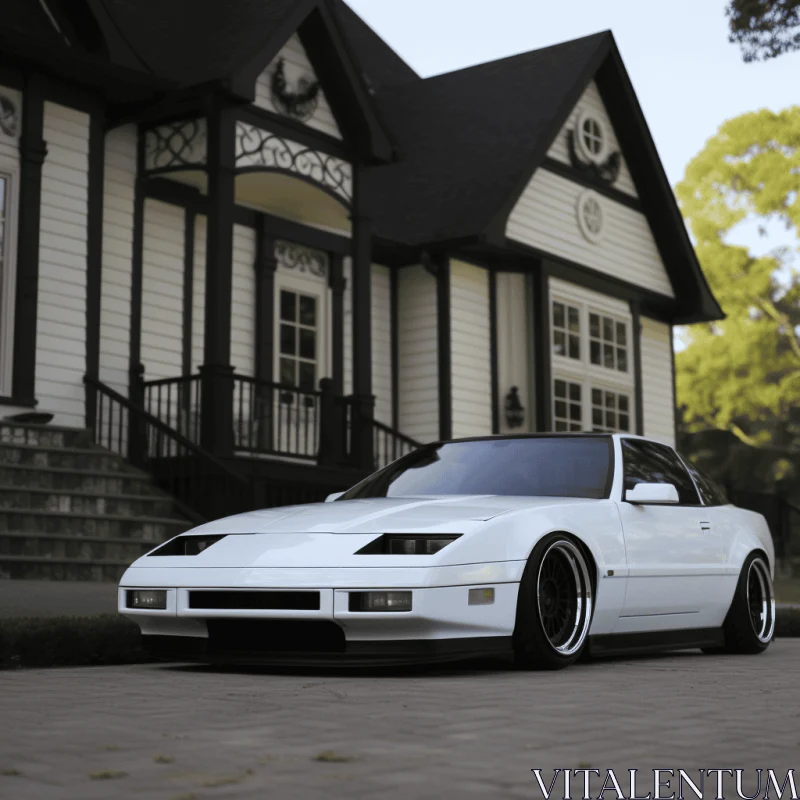 White Sports Car Parked in Front of House | Japonisme and Vaporwave Aesthetics AI Image