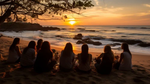 Serene Sunset Scene: Women Watching Ocean Sunset on Beach