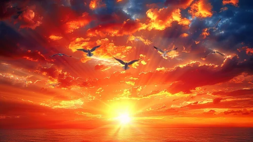 Breathtaking Sunset Over Ocean with Birds Flying