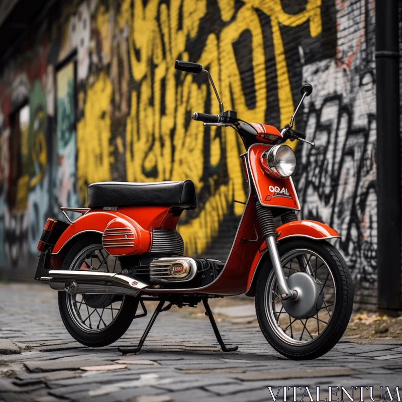 Red Moped Parked in Front of Graffiti Wall | Timeless Nostalgia AI Image