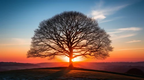 Serene Sunset: Large Bare Tree in Field