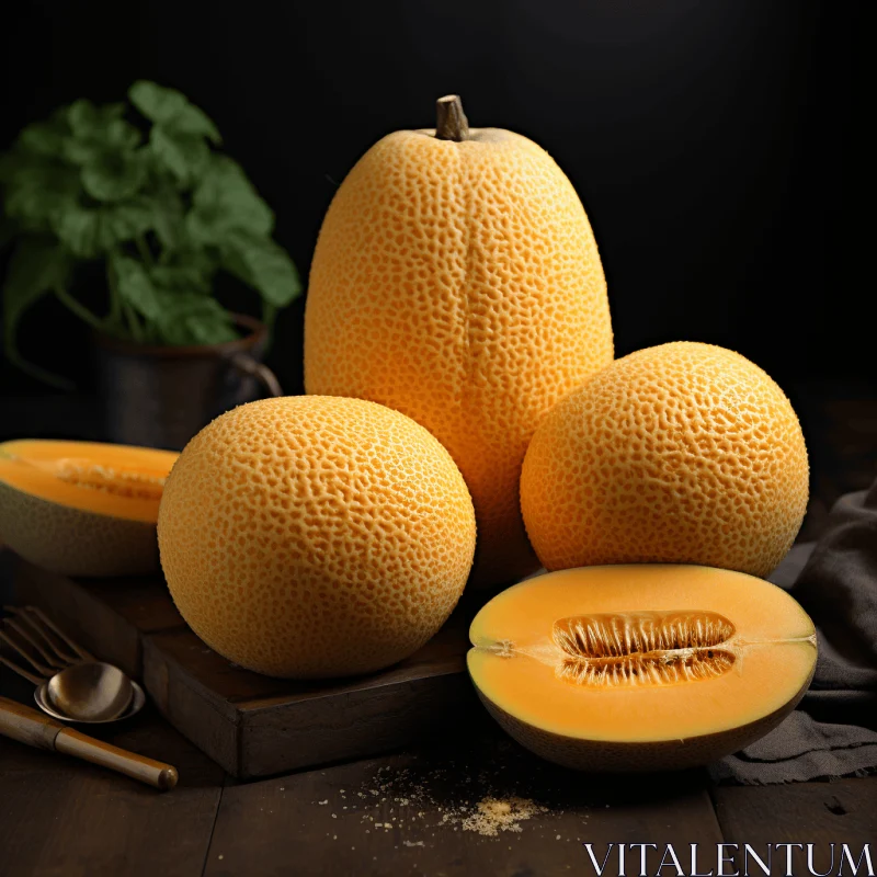 Captivating Still Life: Cut Melon on Board with Dramatic Lighting AI Image