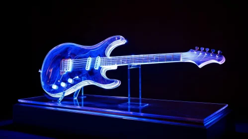 Blue Crystal Guitar Illuminated by Radiant Blue Light AI Image