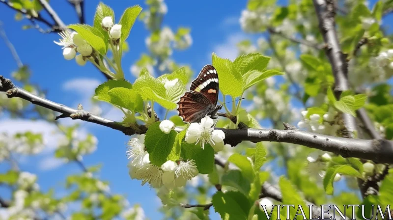 Butterfly on Blossoming Cherry Tree Branch - Striped Arrangement AI Image