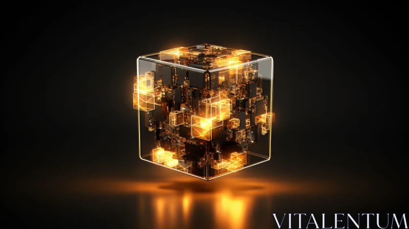Golden Glowing 3D Cube Illustration on Dark Background AI Image
