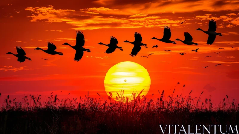 Tranquil Sunset Landscape with Birds Flying Over Field AI Image