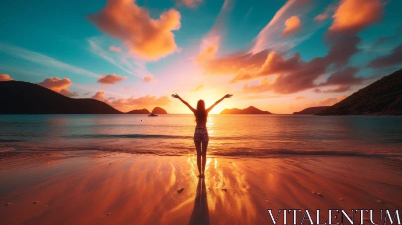 Woman on Beach at Sunset - Serene Tropical Scene AI Image