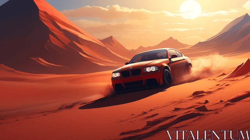 Adrenaline Rush: Red Car Racing through Desert Landscape AI Image