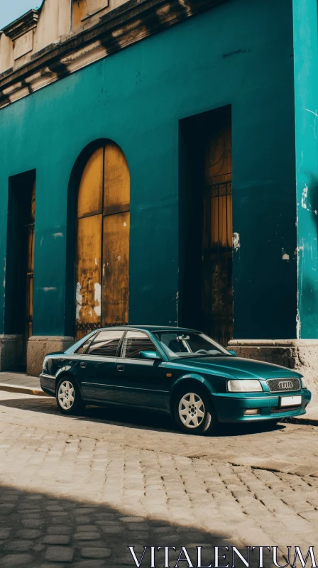 Dark Aquamarine and Emerald Car Parked Outside a Building | Golden Age Aesthetics AI Image
