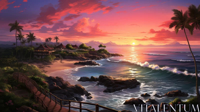 AI ART Tranquil Ocean Sunset Scene