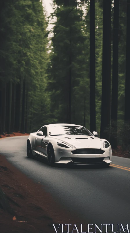 Elegant White Sports Car Driving through Enchanting Forest AI Image