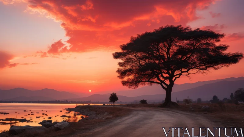 Golden Sunset Tree Landscape AI Image