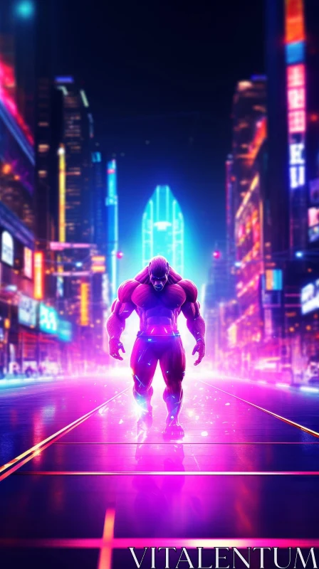 Muscular Man Walking in Neon-Lit City - Digital Painting AI Image