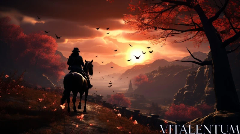 Tranquil Sunset Valley Landscape with Horse and Birds AI Image