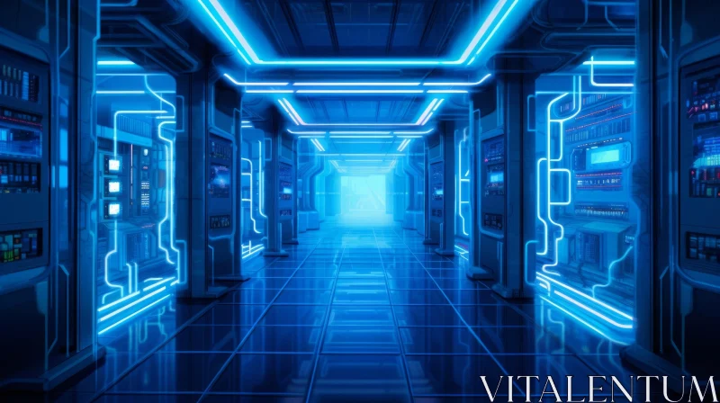 Futuristic Neon Corridor with Machines and Radiant Light AI Image