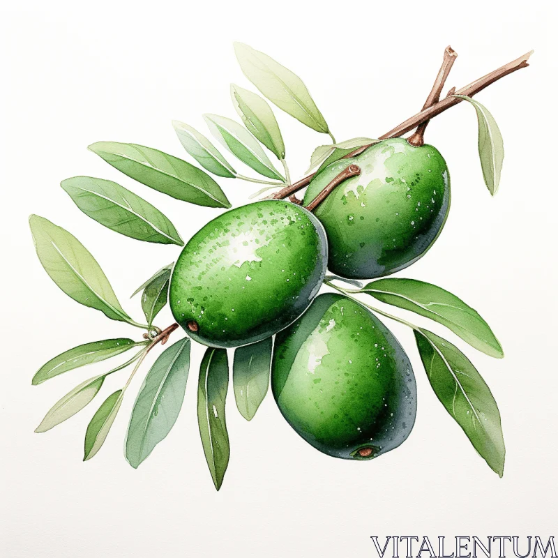 Green Olives on Branch: Watercolor Editorial Illustration AI Image