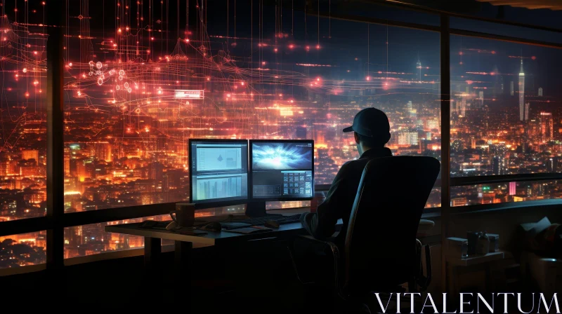 Dark Room Hacker - City Lights View AI Image