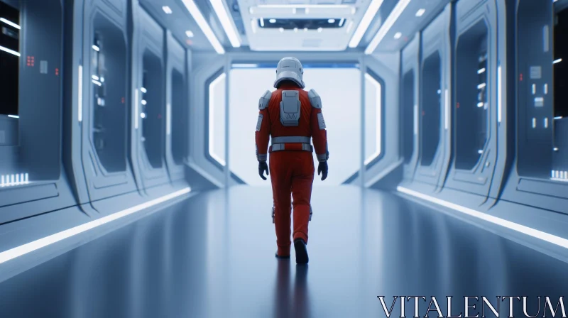 Lonely Astronaut in Futuristic Corridor AI Image