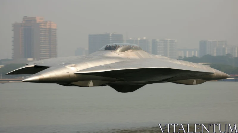 Sleek Futuristic Flying Vehicle Over Lake Cityscape AI Image