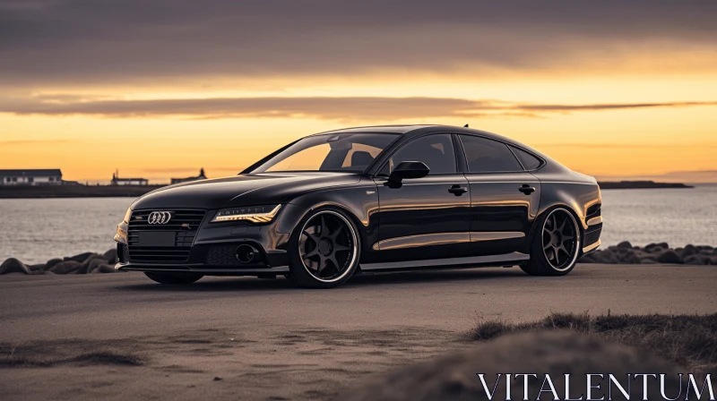 Black Audi S6 Parked in Front of Water at Sunset - Captivating Luxury AI Image