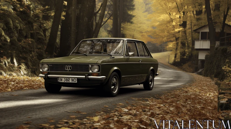 Romantic Green Car on Fall Road | Vray Tracing | Deutscher Werkbund AI Image