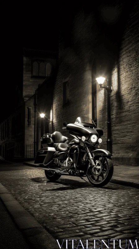 Black and White Gothic Motorcycle on Brick Roadway at Night AI Image