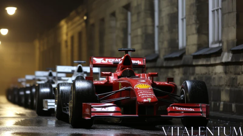 AI ART Formula 1 Car Night Race in Rainy City Street