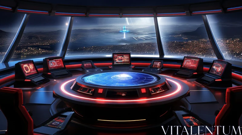 Futuristic Control Room with Global Map and City View AI Image