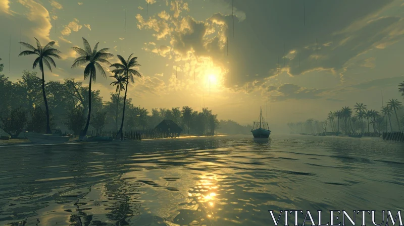 Tranquil Tropical Island Sunset Scene AI Image