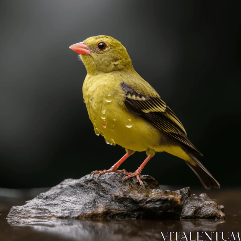 Yellow Bird on a Rock Amidst Water Droplets AI Image