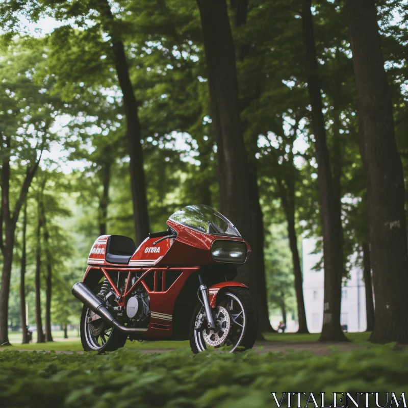 Enchanting Forest Captured with a Vibrant Red Motorcycle AI Image