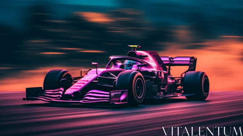 Formula 1 Racing Car on Track at Night AI Image