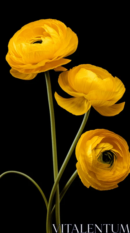 Intricate Yellow Flowers on Black Background AI Image