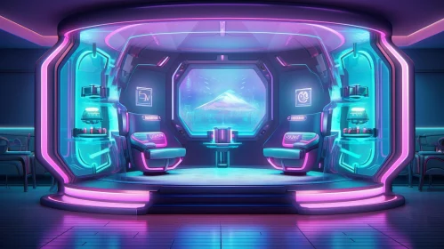 Modern Futuristic 3D Room with Neon Lights and City View