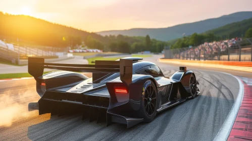 Black Racing Car on Track at Sunset