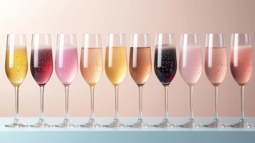 Colorful Champagne Glasses Arrangement on Blue Surface