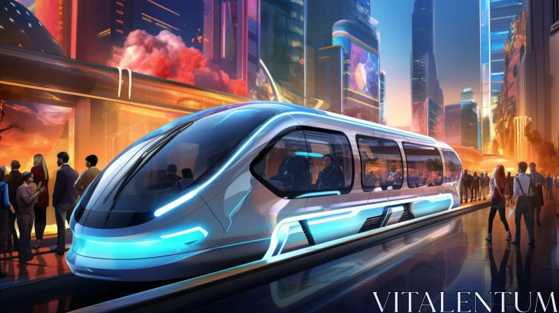 AI ART Futuristic City Transportation: Sleek Train Gliding Above Urban Landscape