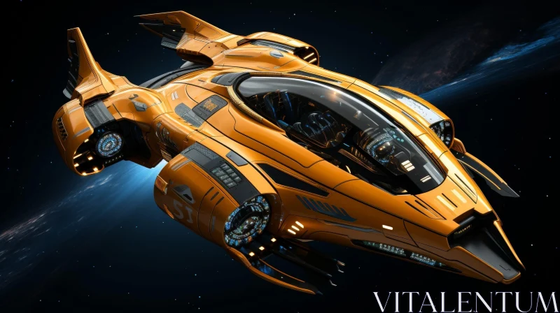 Orange Spaceship in Blue Nebula AI Image
