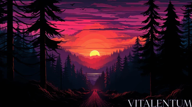 Tranquil Sunset Over Forest - Digital Painting AI Image