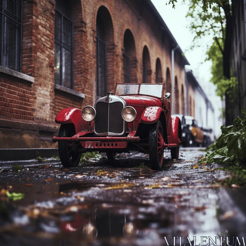 Charming Old Red Car on Rainy Street | Exotic Charm AI Image