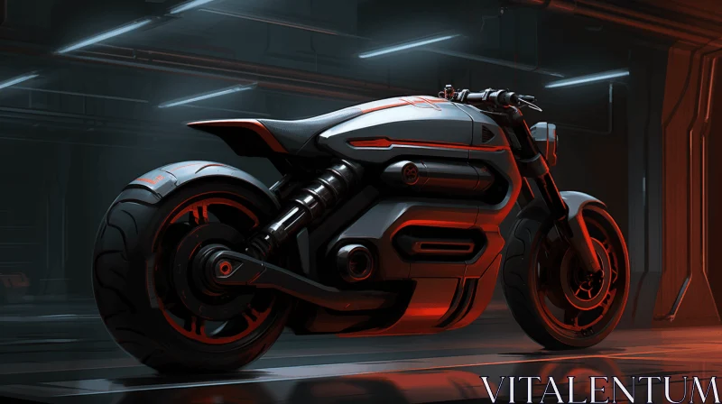 Futuristic Motorcycle in Dark Warehouse | Red Accents | Energetic Brushwork AI Image