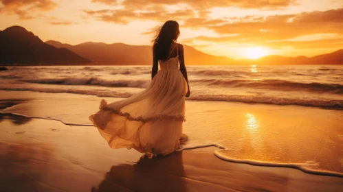 Golden Sunset: Woman in White Dress on Beach