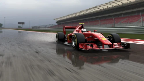 Red Formula 1 Race Car Speeding on Wet Track