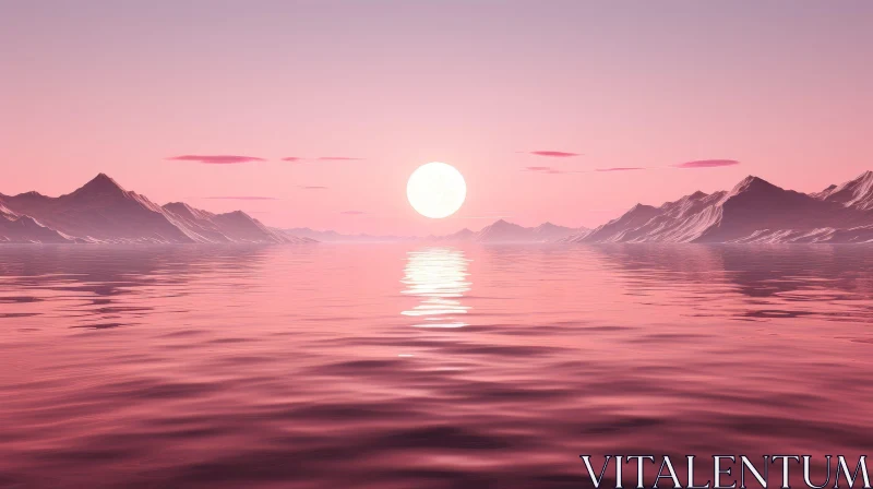 Serene Pink Lake Landscape with Snow-Capped Mountains AI Image