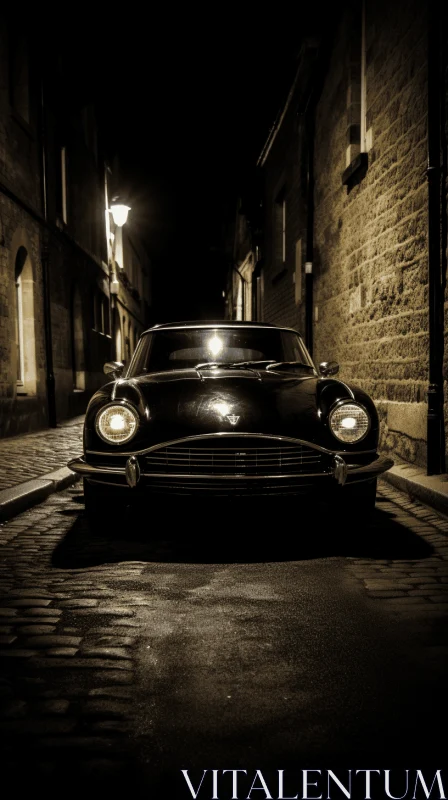 Black Car on Cobblestone Alley: Retro Glamor and Chiaroscuro Portraitures AI Image