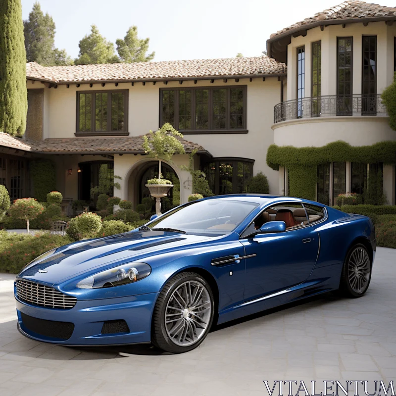 Blue Sports Car in Front of Zen-Styled House | Realistic and Detailed Renderings AI Image
