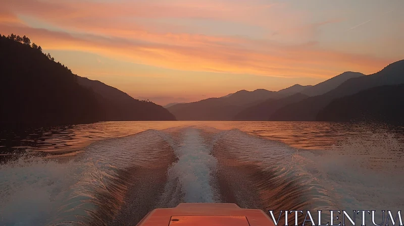 Captivating Sunset View Over Lake with Speeding Boat AI Image