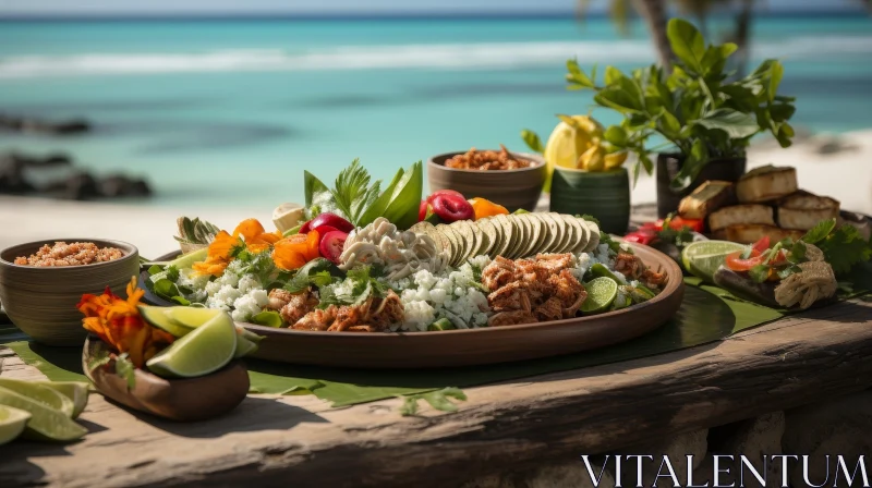 Colorful Beach Meal: Rice, Chicken, Vegetables, Fruit AI Image